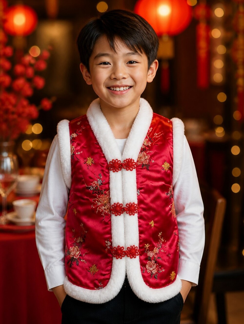 Kids 10 Lunar Chinese New Year Red Brocade Vest Faux Fur Frog Closure Unisex